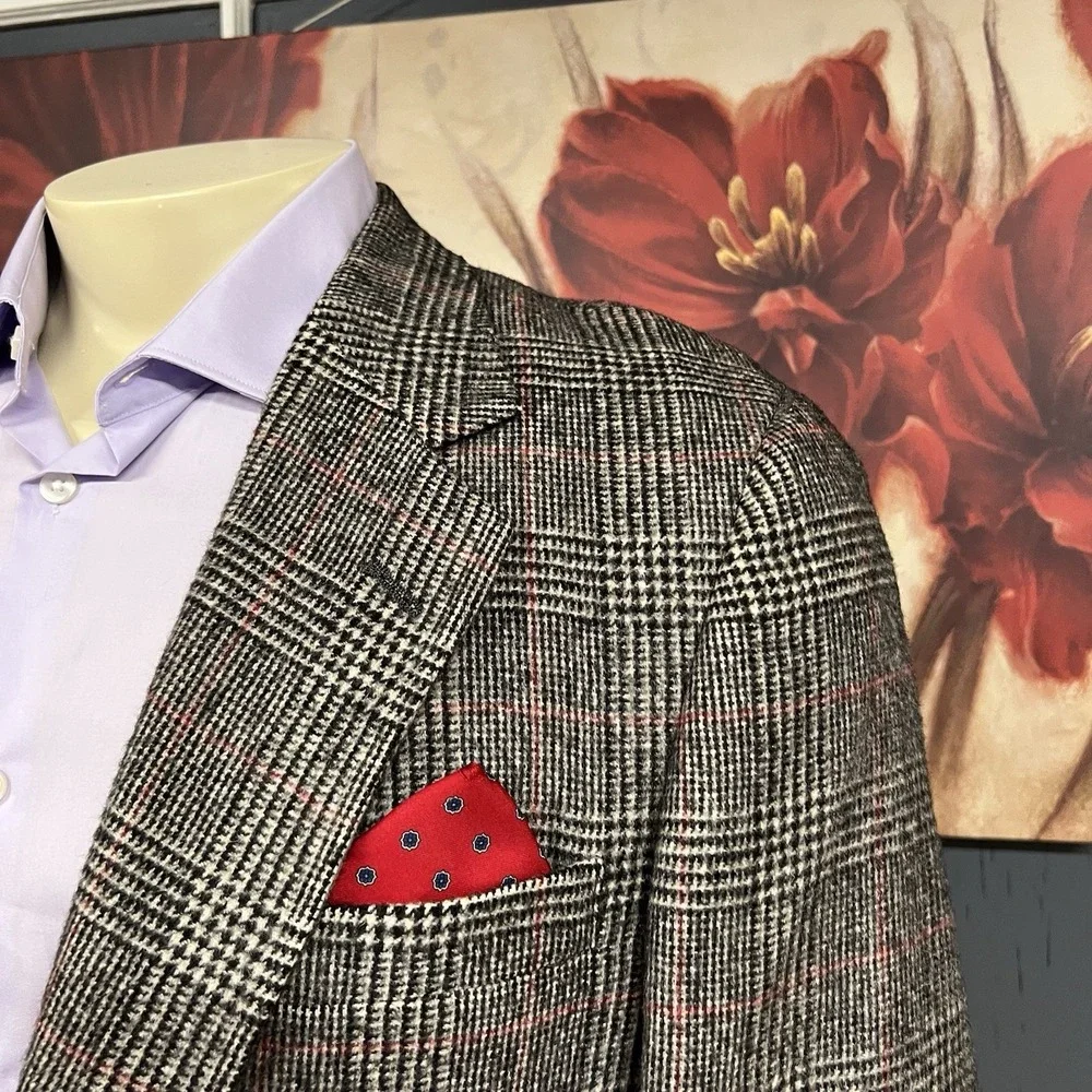 Vintage Nordstrom Camel‎ Hair Blazer Mens 40R Classic Fit Beige/Black/Red Plaid